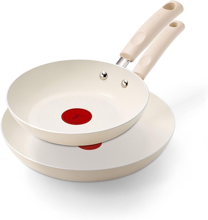 T-Fal Signature Nonstick 8” & 10” Frying Pan Skillet Set, Dishwasher Safe, Oven Safe to 350°F, Pots and Pans Set, Non Stick Chef- Pan, Cream