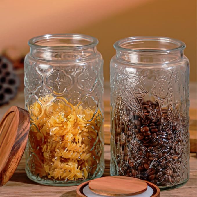 ANSQU Vintage Glass Storage Jar, 34 FL OZ Glass Food Storage Containers with Bamboo Lid, Airtight Cookie Jar Candy Jar for Kitchen Counter, Pantry, Coffee, Tea, Sugar (Round, Begonia)