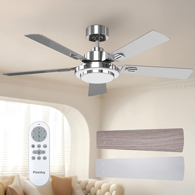 Passky Ceiling Fans with Lights, 52 inch Modern Ceiling Fan with Light and Remote Control, 3CCT, Dimmable, Reversible, Noiseless, Silver Ceiling Fan for Bedroom, Living Room
