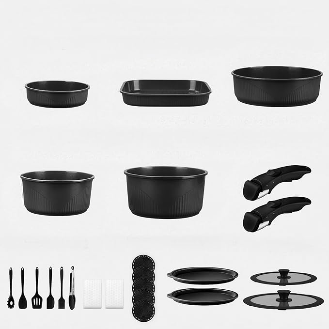 24-Piece Non-Stick Cookware Set with Stackable Storage, Kitchen Collection Including 8-10 Inch Skillets, Casserole Dish, Removable Handle, Utensils, Silicone Mat, Storage Lid (Black)