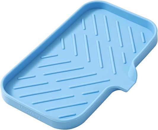 MicoYang Silicone Soap Dish with Drain Spout — Self-Draining Sink Organizer Tray for Bathroom & Kitchen, Sponges, Dispensers & Soap Holder, Non-Slip & Dishwasher Safe, Light Blue (Medium, 9.6"×5.3")
