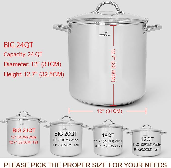 HOMICHEF LARGE STOCK POT 24 Quart With Lid - Nickel Free Stainless Steel Cookware Stockpot 24 Quart - Healthy Cookware Polished Stockpots - Heavy Duty Induction Pot Soup Pot With Lid