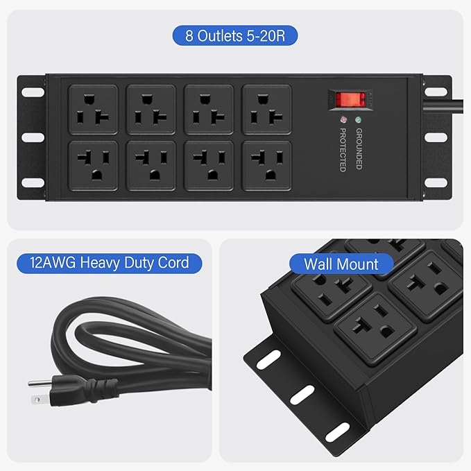 CCCEI Heavy Duty Power Strip Surge Protector 20 AMP Switch, 12 Gauge Extension Cord with Multiple Outlets, Industrial, Shop, Garage High Amp Wall Mount Electric Extender. 4FT, Black.