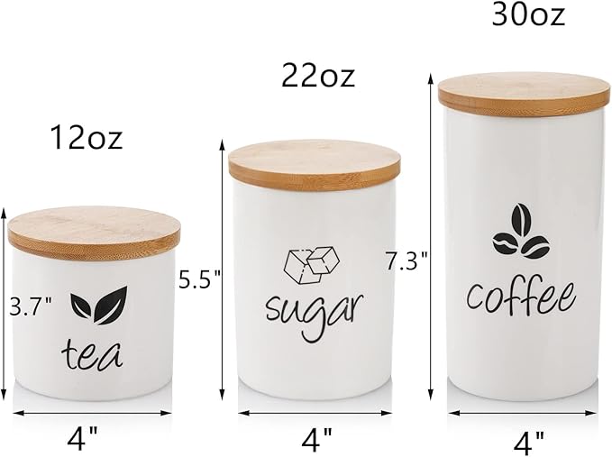 AVLA 3 Pack Ceramic Canister Set, 30/22/12 OZ Kitchen Airtight Food Storage Jar with Bamboo Lids, Coffee Sugar Tea Storage Containers Pots Jars for Counter, Farmhouse Kitchen Decor, White