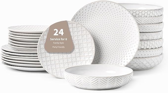 FOBENTA 24-Piece Embossed Ceramic Dinnerware Set–8 Dinner Plates, 8 Salad Plates, 8 Pasta Bowls,Elegant & Durable Tableware for Large Families, Dishwasher & Microwave Safe