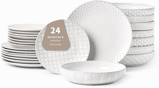 FOBENTA 24-Piece Embossed Ceramic Dinnerware Set–8 Dinner Plates, 8 Salad Plates, 8 Pasta Bowls,Elegant & Durable Tableware for Large Families, Dishwasher & Microwave Safe