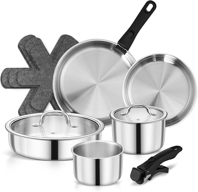 Walchoice 13pcs Stainless Steel Cookware Set, Tri-Ply Pots and Pans Set with Detachable Handles, Cooking Set for RV, Camping, Kitchen, All Stoves Compatible & Dishwasher Safe