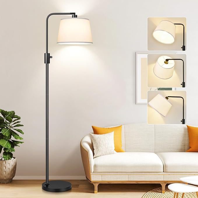 【Upgraded】 Dimmable Floor Lamp, 1000 Lumens LED Edison Bulb Included, Arc Black Floor Lamps for Living Room Modern Standing Lamp with White Shade, Tall Lamps for Living Room Bedroom Office Dining Room