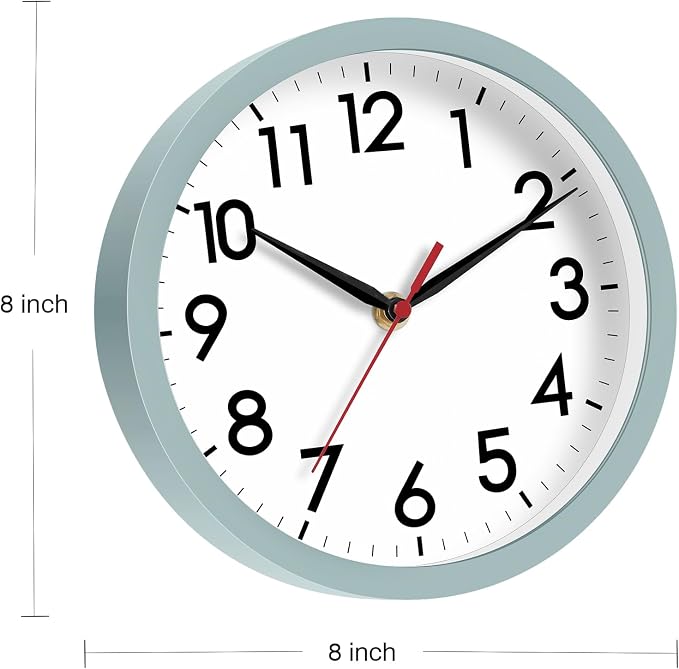 AKCISOT 8 Inch Wall Clock, Battery Operated Analog Clock, Silent Non-Ticking, Ideal for Bedroom, Bathroom, Kitchen, Office and School, Blue Gray