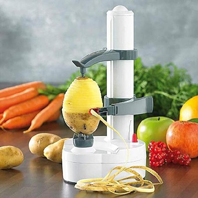 Electric Potato Peeler Automatic Rotating Potato Apple Fruit Vegetable Peeling Machine Stainless Steel Kitchen Peeler Tool (White)