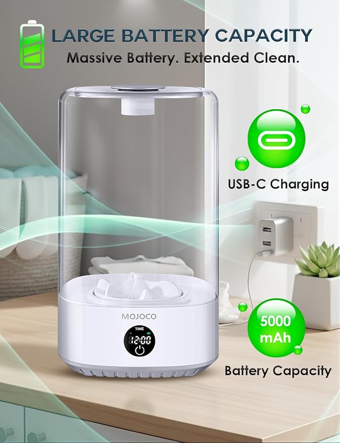 Mojoco Mini Washing Machine - 6L Small Portable Washing Machine with 3 Wash Modes for Underwear, Socks & Baby Clothes - Rechargeable Countertop Mini Washer for Dorms, Hotels, Travel & Camping