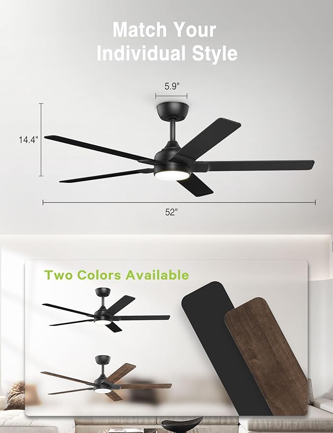 DAMINY 52 inch Black Ceiling Fans with Lights,5 Blades,6CCT, Low Profile,Remote Control,for Bedroom, Kitchen,Living Room,Indoor/Outdoor Use,Downrod