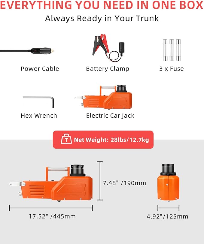 Electric Car Jack 15 Ton, 12V Heavy-Duty Hydraulic Jack with LED Light, Electric Floor Jack for Truck SUV RV Van, Lifting Range 7.9–20.5 Inches