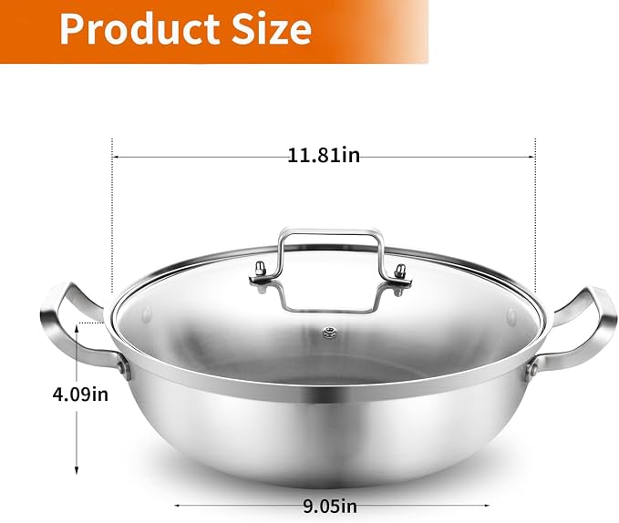 Delarlo Tri-Ply Stainless Steel Hot Pot 13 inch Everyday pan With lid,5QT | Deep Saute Pan, High Side Kitchen Cooking Pot, Chef's Pans, Induction Deep Frying Pan, 5QT Stock Pot, Up to 550℉