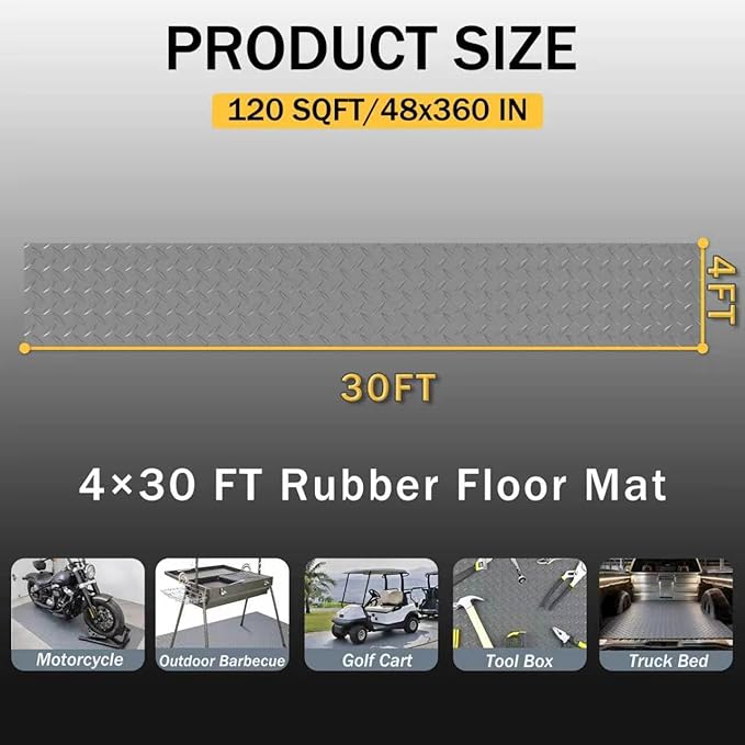 StellarStar 4x30 FT Garage Floor Mat, 2.8mm Thickened PVC Diamond Plate Garage Mat with 20PCS Tapes, Rubber Flooring Rolls for Under Car, Non-Slip Rubber Motorcycle Mat for Golf Cart, Trailer, Gray