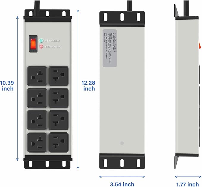 CCCEI Heavy Duty Power Strip Surge Protector 20 AMP Switch, 12 Gauge Extension Cord with Multiple Outlets, Industrial, Shop, Garage High Amp Wall Mount Electric Extender. 4FT, Grey.