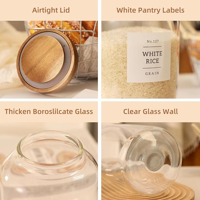 2 Pack Glass Food Storage Containers with Airtight Acacia Lids and 132 Kitchen Pantey Labels Preprint - 67 LF OZ Borosilicate Glass Canister Sets for Food,Coffee,Cookie,Tea,Candy,Sugar