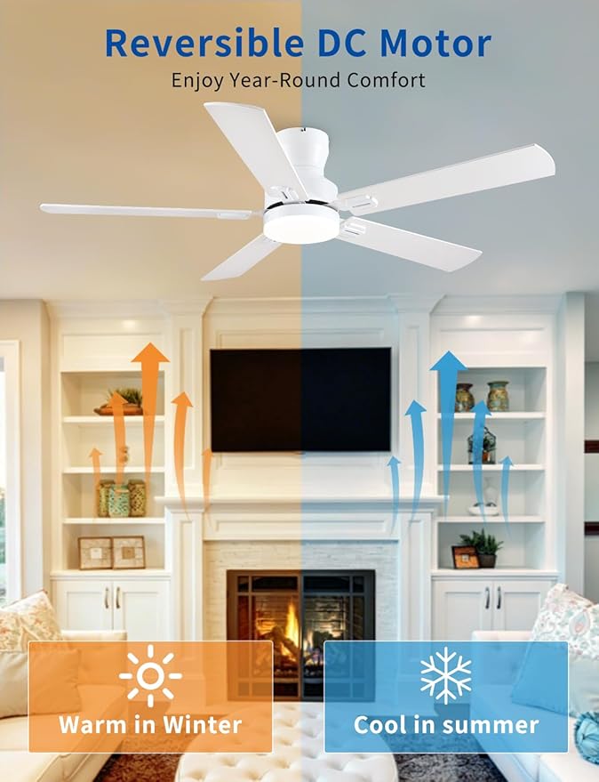 Ceiling Fans with Lights, 52 inch Low Profile Ceiling Fan with Light and Remote/APP Control, Modern Flush Mount Ceiling Fan for Indoor Bedroom Living Room, Dimmable, Qiuet DC Motor, White