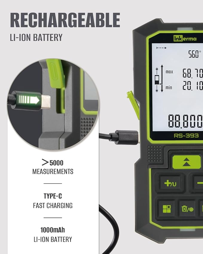 Inkerma Dual Laser Measurement Tool, 393Ft/120M Bilateral Laser Distance Meter, Rechargeable Laser Measure with Ft/in/M Multiple Units, Angle Sensor, Pythagorean Mode, Area and Volume
