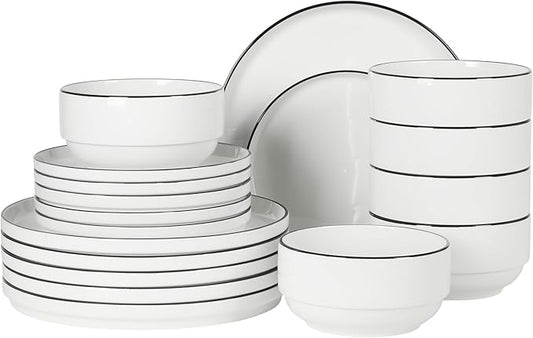 Gibson Home Rothernberg Plates and Bowls 18 Piece Porcelain White Dinnerware Set W/Black Rim | Stackable Dishes | Microwave & Dishwasher Safe