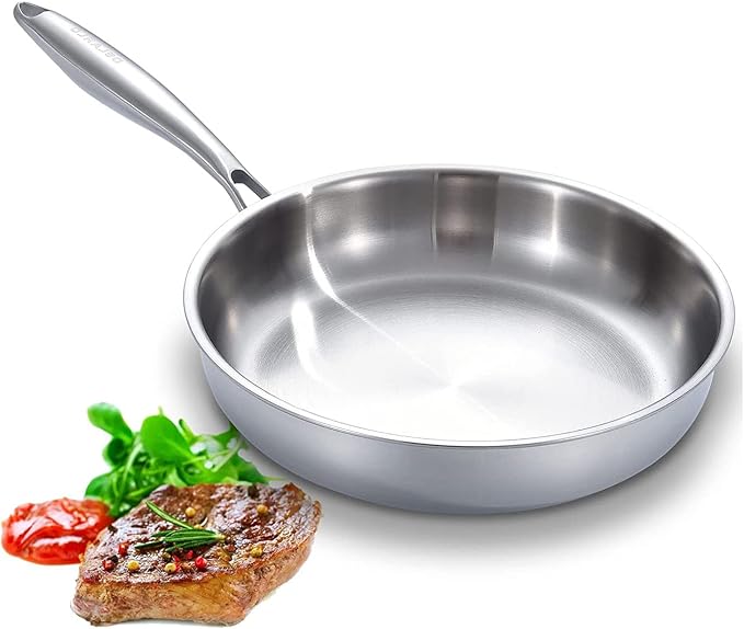 DELARLO Full Clad Tri-Ply Stainless Steel Frying Pan 10 inch | All Stove Compatible Up to 600℉, Heavy Duty, Oven Safe Skillet, 18/10 Cooking Pan, Chef's Pan for Kitchen, Omelette Pan