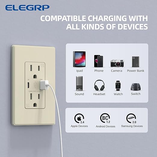 ELEGRP Wall Outlet With USB A & C Ports, 15 Amp Duplex Tamper Resistant Receptacle Plug NEMA 5-15R, Wall Plate Included, UL Listed, 10 Pack, Matte Light Almond