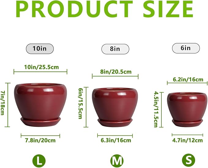 Ceramic Pots for Plants - 10 Inch 8 Inch 6 Inch Plant Pots with Drainage Holes and Saucers Large Planters for Indoor Plants Decorative Outdoor Flower Pots Set of 3 Red