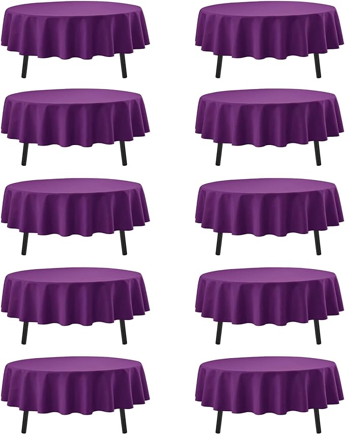 10-Pack Purple Round Tablecloths, 70 Inches, Stain-Resistant Polyester for 3-4 Ft Round Tables - Washable Table Covers for Weddings, Banquets, Birthday Parties, Events