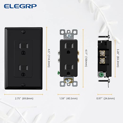 ELEGRP Decorator Wall Receptacle Outlet, Tamper Resistant 15 Amp Standard Electrical Wall Outlet, Residential Grade, Self-grounding, 125V, Wall Plate Included, UL Listed, Glossy Black, 5 Pack