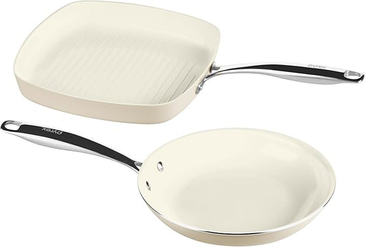 Pyrex 2-Piece Ceramic Cookware Grill & Fry Pan Set with Stainless Steel Handles, Healthy Nonstick Ceramic Coating, Induction Compatible Stainless Steel, PFAS Lead Cadmium BPA Free