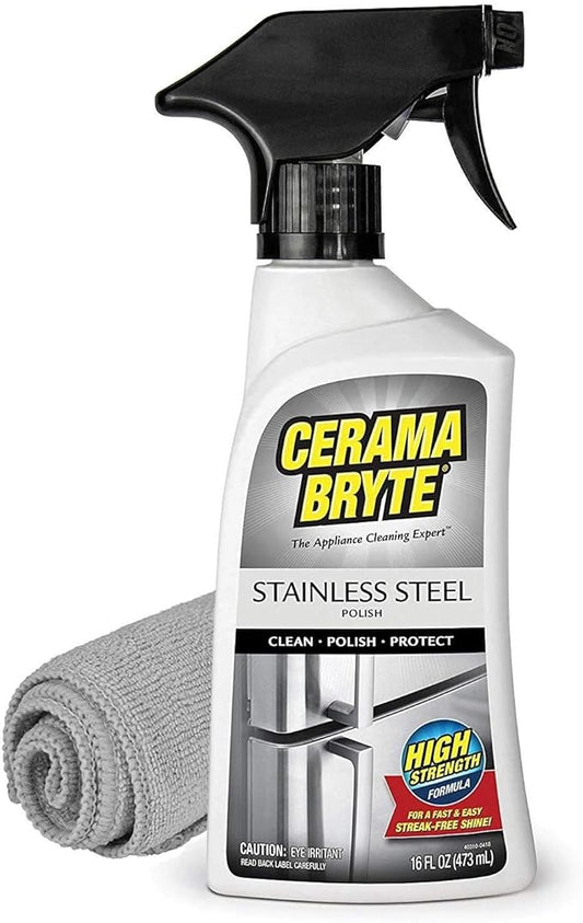 Cerama Bryte High Strength Protective Stainless Steel Appliance Cleaner & Polish Spray with Mineral Oil - 16 oz, Includes Large Microfiber Cloth