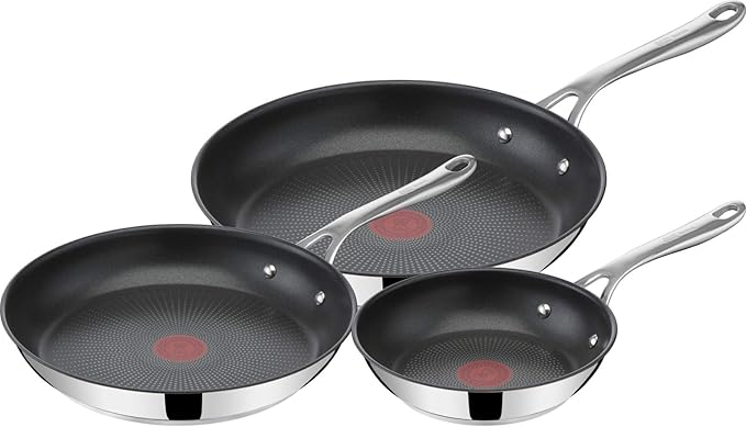T-Fal Jamie Oliver Cooks Direct, Stainless Steel Non-stick Frying Pan 3 Pcs Set (20/24/28cm) (8/9/11 Inches) with Induction