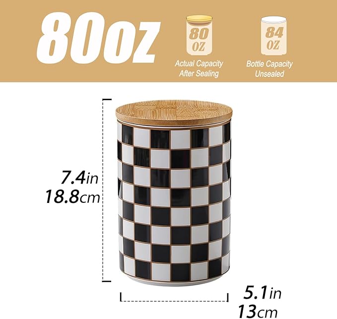 Kitchen Countertop Ceramic Checkered Canisters,Black And White Food Storage Containers With Lid,Airtight Kitchen Canisters for Flour, Sugar, Coffee, Tea, and Dry Goods (Black, XL)