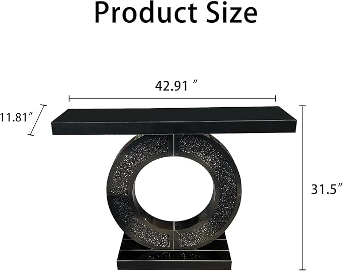 SSLine Black Mirrored Console Table for Living Room 43" Modern Mirror Entryway Table with Crystal O-Shape Base Luxury Blakc Glass Sofa Console Tables for Entryway Hallway