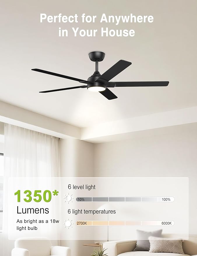 DAMINY 52 inch Black Ceiling Fans with Lights,5 Blades,6CCT, Low Profile,Remote Control,for Bedroom, Kitchen,Living Room,Indoor/Outdoor Use,Downrod