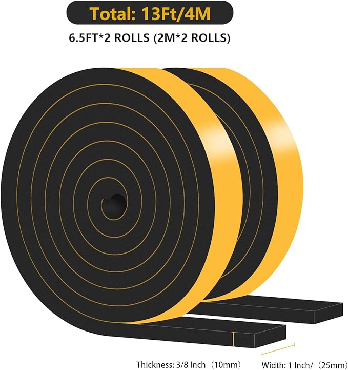 Weather Stripping Door Seal,Weather Stripping,Soundproof,Cold Insulation,High Density CR Foam Insulation Tape for Door, Front Door Frame, Windows,Sliding Door (Black, 1 in x 3/8 in x 13Ft)