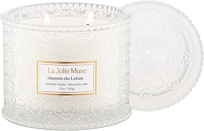 LA JOLIE MUSE Jasmine Lotus Scented Candles for Home, Natural Soy 2-Wick | Large Jar Luxury Candle, Clean Non Toxic, Gift for Women & Mom, Decorative White Candles, Pretty Floral Engaged Candle, 12 oz
