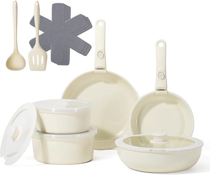 Pots and Pans Non Stick,16Pcs Ceramic Nonstick Cookware Sets, Induction Kitchen tagines Set with Removable Handle, Cooking Frying Pans & Saucepans(PFOA Free), Oven/Dishwasher/Fridge Safe, Space Saving