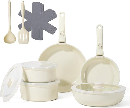 Pots and Pans Non Stick,16Pcs Ceramic Nonstick Cookware Sets, Induction Kitchen tagines Set with Removable Handle, Cooking Frying Pans & Saucepans(PFOA Free), Oven/Dishwasher/Fridge Safe, Space Saving