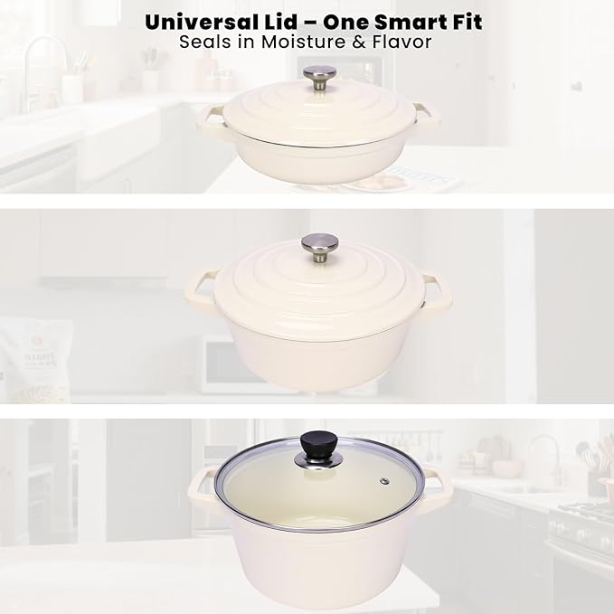 QuliMetal Enameled Cast Iron Set 5-Pc, 10" Stackable Space-Saving Cookware Set, Dutch Oven, Skillet, Grill Pan, with 2 Universal Lid, Versatile Enamel Dutch Oven, Included Spacers, White