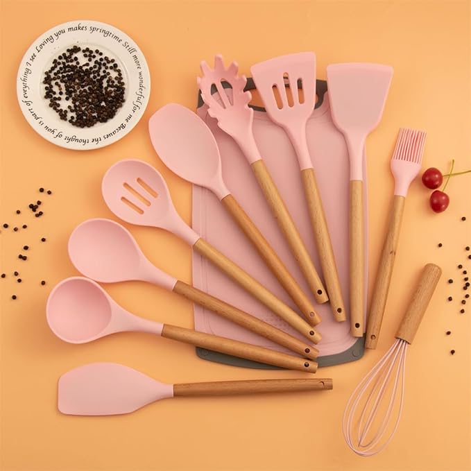 Kitchen Utensils Set,19 Pcs Cooking Tools and Knives Set,Cutting Board, Silverware Set, with Utensil Holder Precision Cutting and Organized Dining Kitchen Tool (Pink)