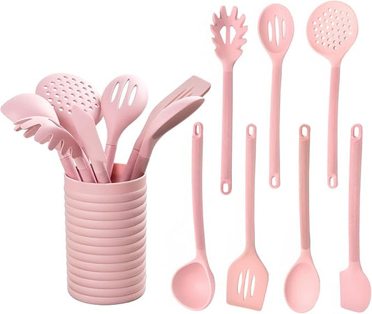 Silicone Kitchen Utensil Set,8 Pieces Cooking Kitchen Utensils Set, Spatula, Spoon, Non Stick Silicone Gadgets Utensil Set with Holder,Heat Resistant Cooking Tools Set for Cooking, BPA Free (Pink)