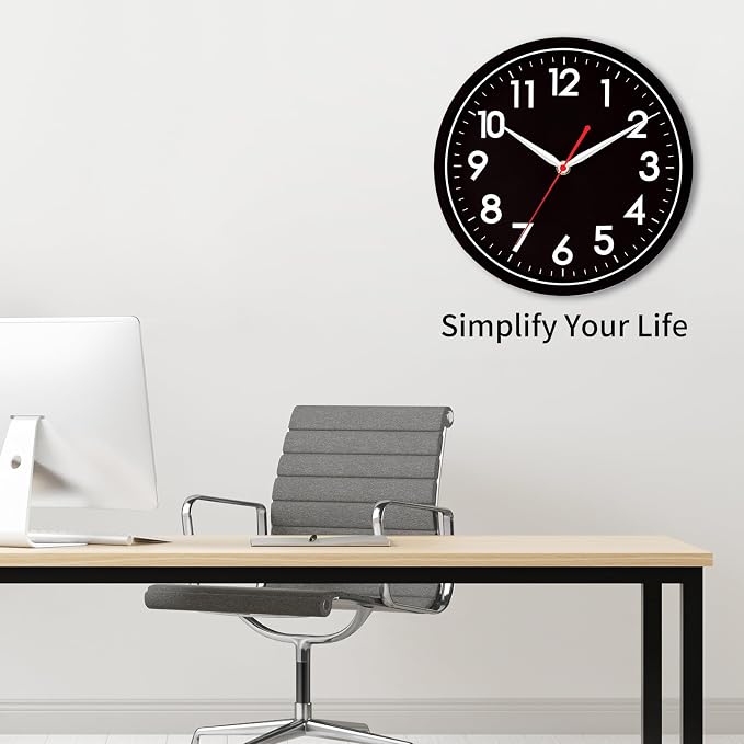 AKCISOT 12 Inch Wall Clock, Battery Operated Analog Clock, Silent Non-Ticking, Ideal for Bedroom, Bathroom, Kitchen, Office and School, Black