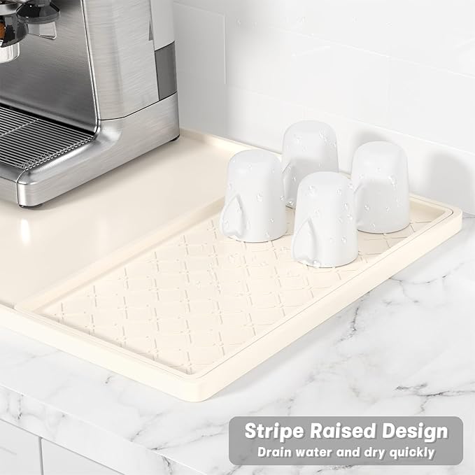 Rnivvi Silicone Coffee Mat, 16" x 24" Waterproof Raised Edge Coffee Bar Mats for Espresso Machine Station Accessories, Heat Resistant Detachable Dish Drying Pad for Kitchen Counter, Dish Rack, Beige