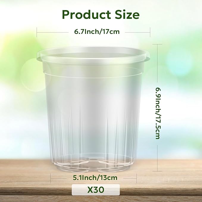 Bluepro Clear Nursery Pots with Drainage Holes, 7 Inch, 1 Gallon, 30-Pack | Clear PET, 1-Gallon Capacity, Root and Moisture Visibility, Flexible, Reusable, Indoor/Outdoor Use, Propagation and Repotting