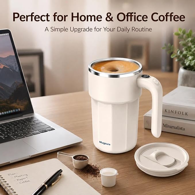 Self Stirring Coffee Mug, 12.5oz Magnetic Mixing Cup with Lid, USB Rechargeable Automatic Stirring Mug for Coffee, Creamer, Milk, Hot Chocolate & Matcha, Stainless Steel, Pearl White