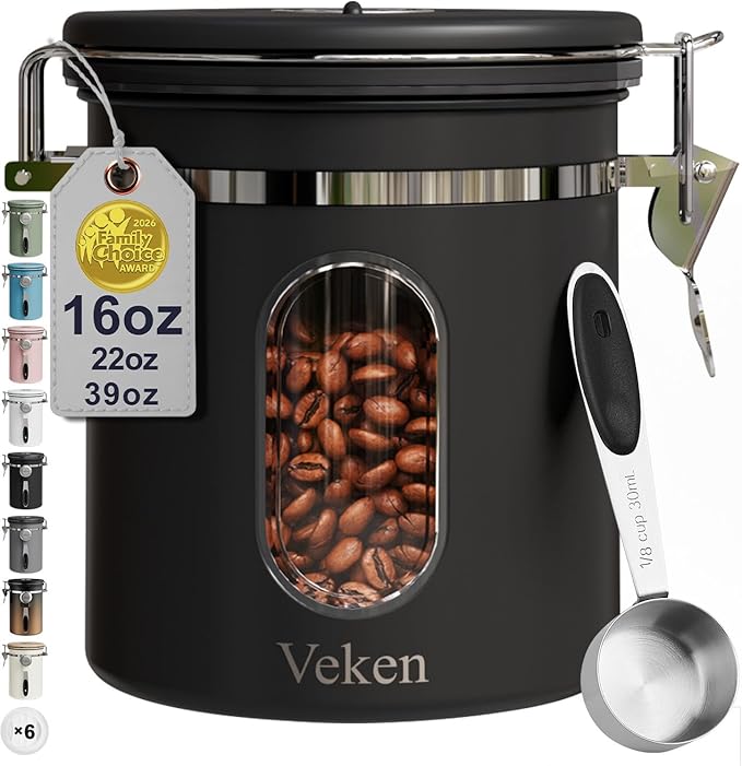 Veken Coffee Canister with Window, Airtight Stainless Steel Kitchen Food Storage Container with Lids, Date Tracker and Scoop for Grounds Coffee, Beans, Tea, Flour, Cereal, Sugar Jars, 16OZ, Black