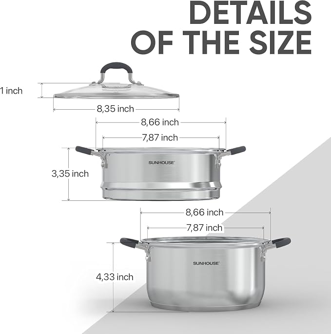 SUNHOUSE 3.1 QT Stainless Steel Steamer Pot for Cooking Vegetables | Steaming Pot with Glass Lid & Steamer Basket - 2 Tier Tri-ply Stovetop Steamer For Vegetable, Veggie - Induction Compatible