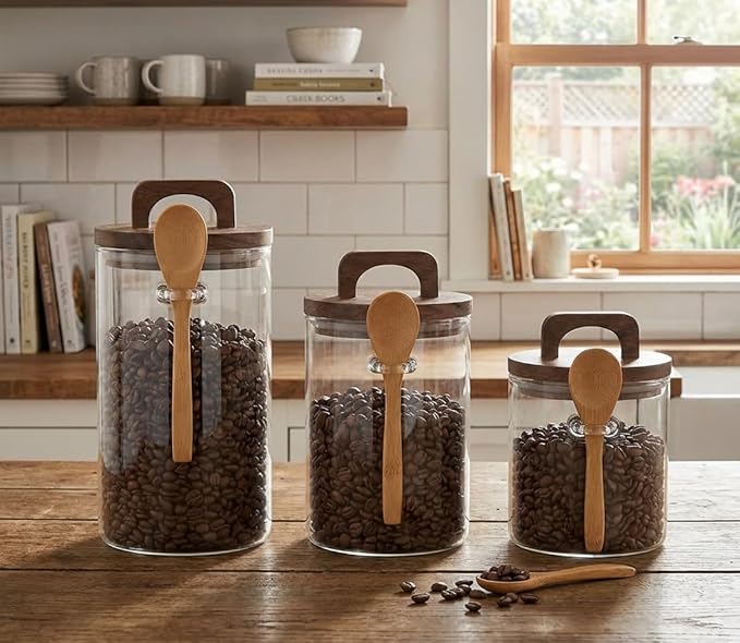 Glass Food Storage Canisters with Airtight Bamboo Lids – Set of 3 Clear 34oz Jars with Wooden Spoons, Stackable Kitchen Storage Containers for Coffee, Tea, Sugar, Flour, and Pantry Organization