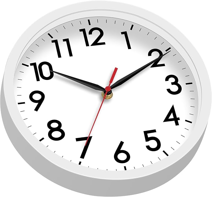 AKCISOT 8 Inch Wall Clock, Battery Operated Analog Clock, Silent Non-Ticking, Ideal for Bedroom, Bathroom, Kitchen, Office and School, White